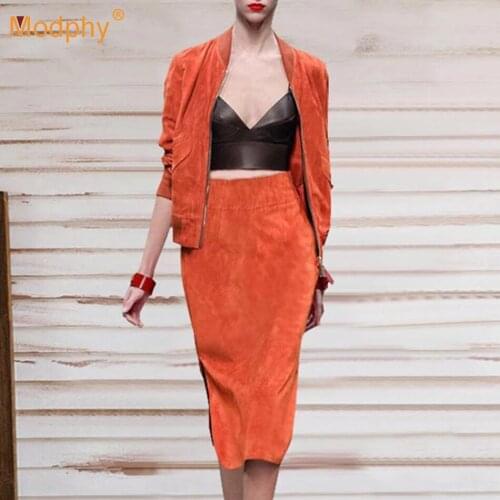 Winter Orange Deerskin Velvet 2 Two-Piece Set Sexy V-Neck Long-Sleeved Jacket And Side Slit Skirt Elegant Suit 2020 New