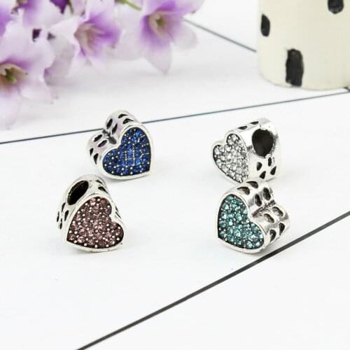 5PCS Wholesale Silver Plated Metal Love Bling Crystal Rhinestone Heart Big Hole Beads Fit Charms Bracelets DIY Simple Necklaces