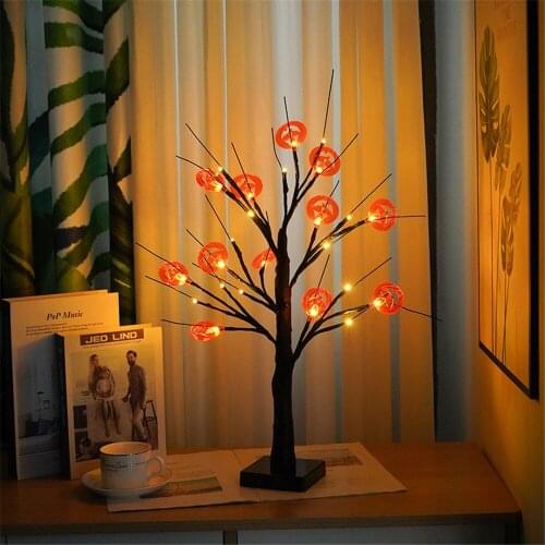 60cm 24 LED Pumpkin Bat Maples Leaves Lights White Birch Tree Night Light Halloween Thanksgiving Decorations Table Lamp