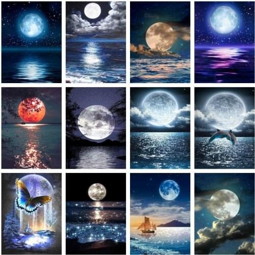 Huacan Full Square Drill Diamond Embroidery Mosaic Moon Diamond Painting 5d Landscape Set Home Decor