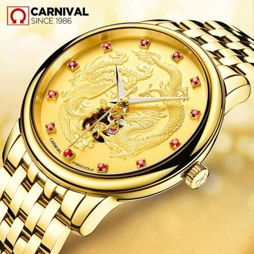 Automatic Mechanical Watch Men Carnival Luxury Brand Mens Watches Sapphire Waterproof Gold Dragon Skeleton relogio masculino