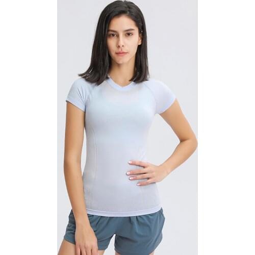 O-Neck Seamless Sport Shirts Solid Women Workout Top Slim Stretch Gym Yoga Top Summer Breathable Running Short Sleeve T-Shirts