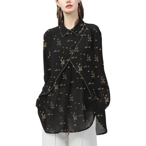Loose-Fitting Plus Size Long Womens Black Chiffon Printed Blouses 2021 Summer New Full Sleeve Turn-Down Collar Office Ladies Top