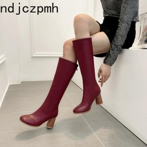 Long Boots Autumn and Winter The New Fashion Round Head Zipper Thick Heel High Heel High Tube Womens Shoes Size 34-48 Black