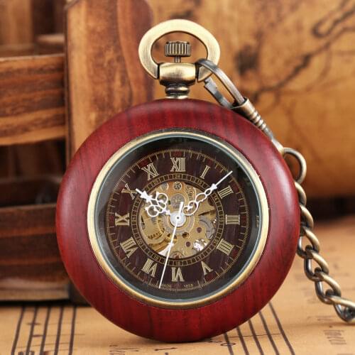 Red Sandalwood Bronze Automatic Mechanical Grace Pocket Watch Male Roman Digital Dial Female Silver Chain Pendant Clock Present