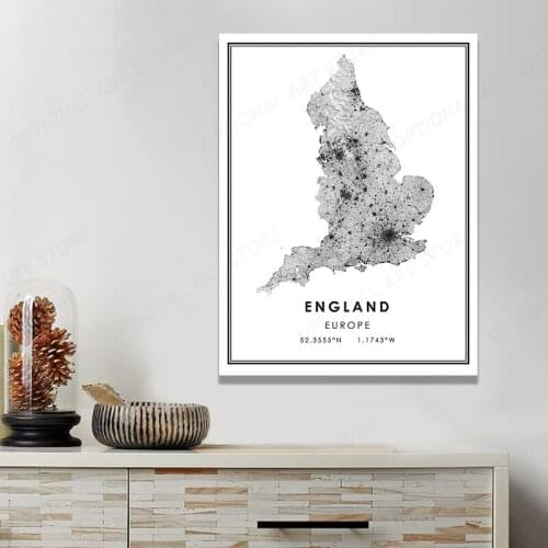 Black White Custom World England Cities City Map Canvas Prints Wall Art Decor