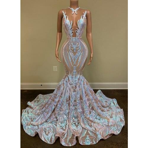 Long Sexy Prom Dresses 2020 Mermaid Sheer O-neck Black Girl African Sequin Gala Prom Party Dress