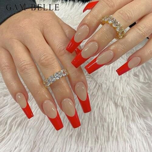 GAM-BELLE French Red Tips False Nails Extra Long Coffin Full Cover Artificial Press On Nails Beauty DIY Manicure Accessories