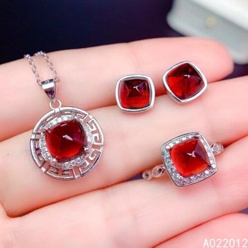 KJJEAXCMY fine jewelry natural garnet 925 sterling silver trendy new girl pendant ring earrings set support test hot selling