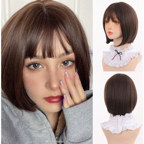 LANLAN wig female short hair net red bobo head temperament inner buckle Korean girl short straight hair full headgear hair cover