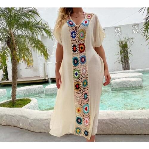 Hot Sale Free Shipping New Boho Style Womens Long Dresses Handmade Knitted hook flower Dress Girls Beach sunscreen swimsuit