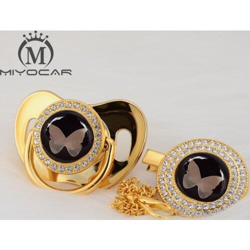MIYOCAR Gold silver lovely gold butterfly beautiful Gold bling pacifier and pacifier clip BPA free dummy bling unique design GBF