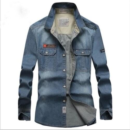 Fashion Brand Mens Long Sleeve Denim Shirt Hommes Military Style Handsome Pure Cotton Tops Spring Autumn Slim Fit Cowboys Shirts