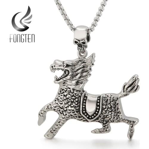 Fongten Mythical Beast History Dragon Horse Retro Pendant Necklace Stainless Steel Vintage Long Chain Men Jewelry