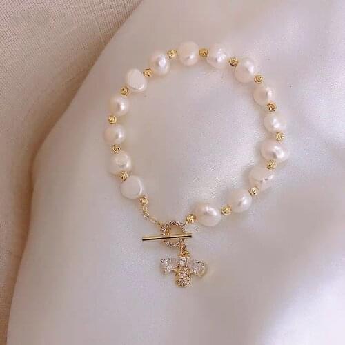 Natural freshwater pearl micro-inlaid zircon bee bracelet high-end light luxury bracelet ins fashion simple female bracelet
