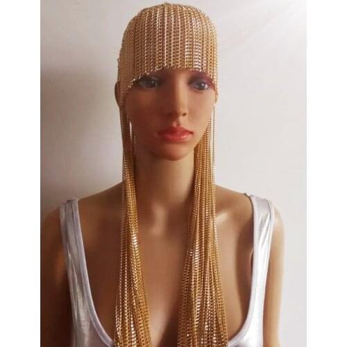 New Bar Female DJ DS GOGO Dance Wear Egypt Metal Chain Wig Long Gold Fringe Headwear American Rave Outfit Stage Accessories 1978