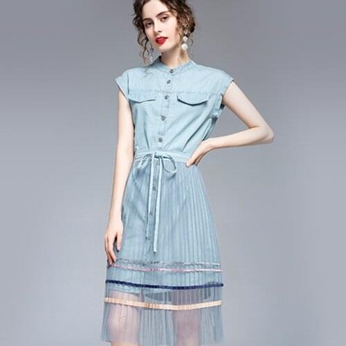 New Denim Dress Women Summer 2021 Fashion Casual All-match Two Piece Set Classic O-Neck Denim Dress and Pleated Gauze skirt