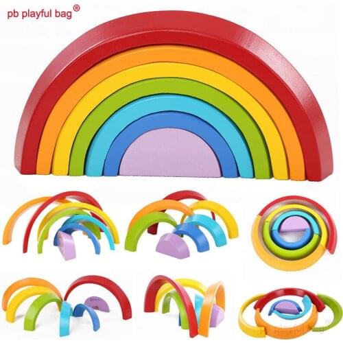 PB Playful bag Montessori Wooden Rainbow Stacking Educational Toys for Kids Creative Building Blocks Shapes Sorting Gift UG22