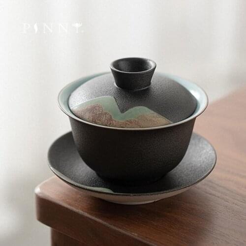 PINNY 180ML Japanese Style Mountain Ceramic Gaiwan Pigmented Kung Fu Tea Service Retro Drinkware