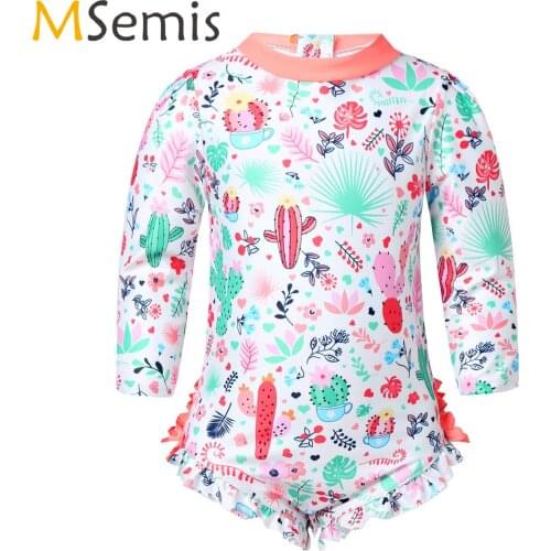 Infant Baby Girls One-piece Long Sleeves Floral Printed Back Zipper with Ruffled Swimsuit Swimwear Bathing Suit Rash Guard