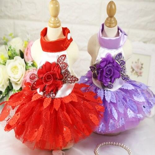 Princess Dog Dresses Shiny Leaf Design Dogs Clothes Tutu Puppy Pomeranian Lace Skirt Wedding Party Pet Apparel Cat Dress