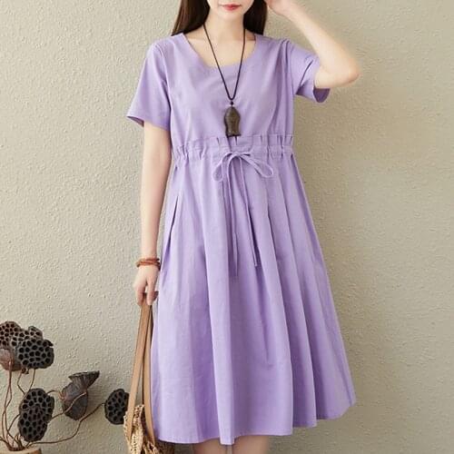 Pleated Dress 2021 New Arrival Cotton Linen Loose Summer Dress Patchwork Slim Office Lady Work Dress Women Casual Midi Dress