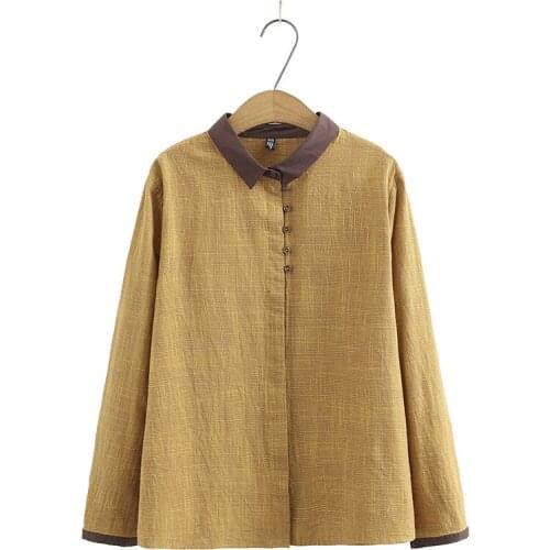 Plus Size XL-4XL Yellow Blue Tops Womens Long Sleeved Cotton&Linen Spring Summer Fashion Blouse Oversized Casual A-line Blusas