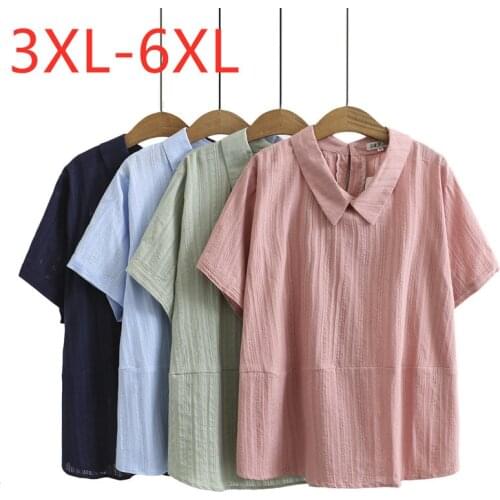 New 2021 Ladies Summer Plus Size Tops For Women Large Blouse Short Sleeve Loose Casual Cotton Jacquard Weave Shirt 4XL 5XL 6XL
