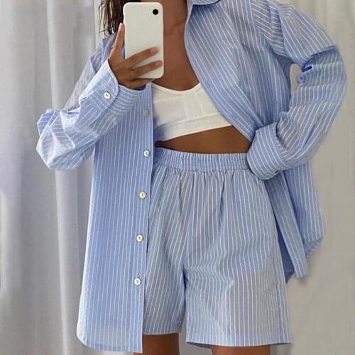 New Popular Women Shirt Shorts SetVertical Stripes High Waist Two-piece Long Sleeve Lapel Shirt Pockets Shorts for Daily Wear