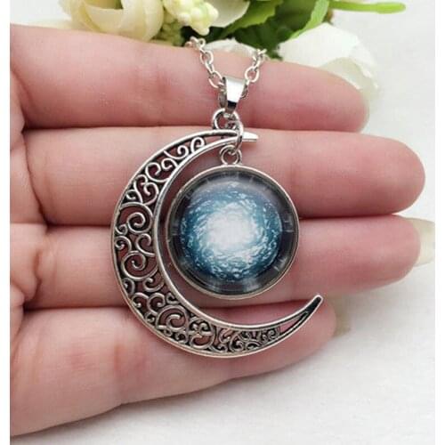 Stargate Portal Atlantis Glass Hollow Moon Shape Pendant Silver Tone Necklace
