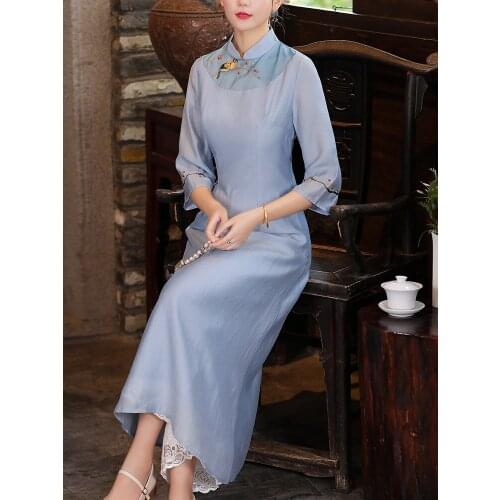 Chinese Oriental Traditional Dress White High-End Qipao Stand Collar Retro Sexy Cheongsam New Mid Sleeve China Dress