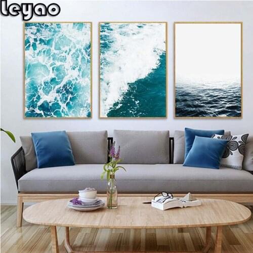 Triptych blue sea home decor wall art diamond painting,ocean wave summer wall decor diamond embroidery,diamond mosaic 3 pieces