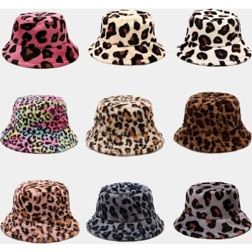 Winter Cow Leopard Print Faux Fur Plush Bucket Hats For Women Outdoor Warm Hat Soft Velvet Fisherman Cap Lady Fashion Panama