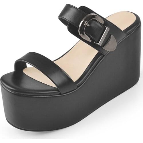 Richealnana Womens Slip-on Sandals Platform Matte Black High Heel Sandals Buckle Comfortable Large Size Shoes