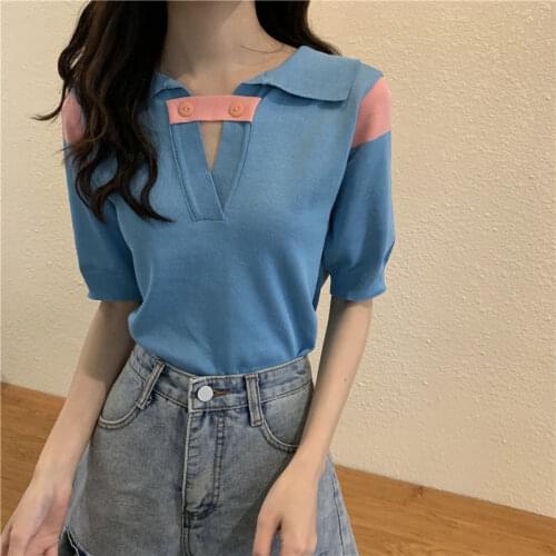 Woman TShirts White Short-Sleeved T-shirt Womens Summer 2021 Lapel Polo Shirt Knitted Top Crop Top Mujer Camisetas