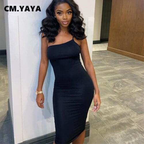 CM.YAYA Women Mini Dress Solid One Shoulder Strap Skew Collar Strechy Bodycon Dresses Sexy Night Club Party Vestidos Summer 2021