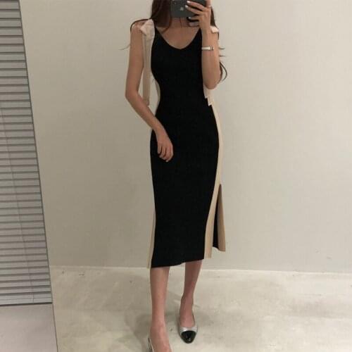 2020 Summer High quality Hit color patchwork Knitted Bodycon Dress Women Casual Party Tank sundress Bow shoulder sheath dress