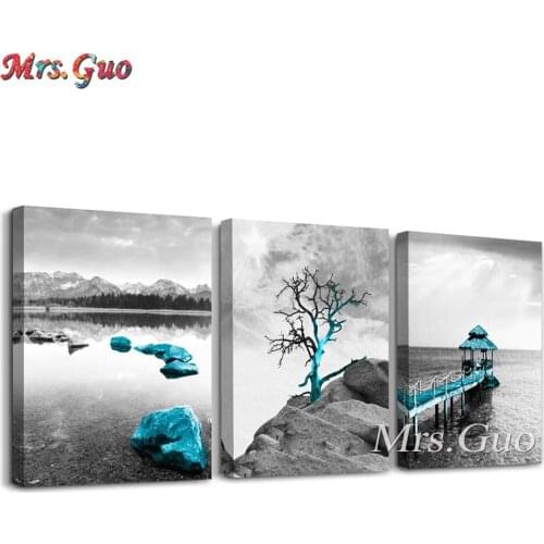 3 piece diamond painting for Living Room bathroom Wall decor Black and white landscape Blue tree diamond embroidery home decor
