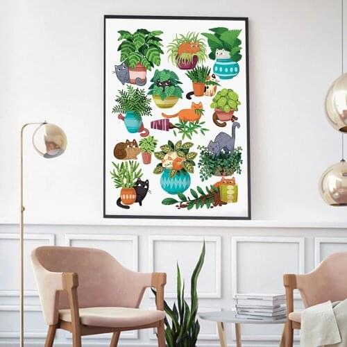 Abstract Tropical Plants Cat Wall Art Canvas Painting Nordic Posters And Prints Wall Pictures For Living Room Botanical Decor