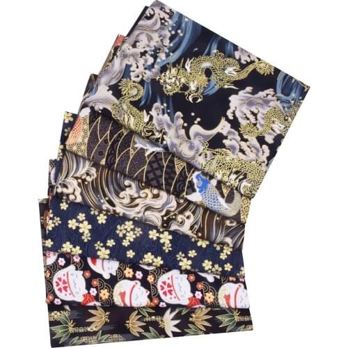 Black Navy Blue Japanese Kimono Cotton Fabric, Fortune Cat Butterfly Blossoms Cloth For Sewing Dolls & Bags Needlework Patchwork