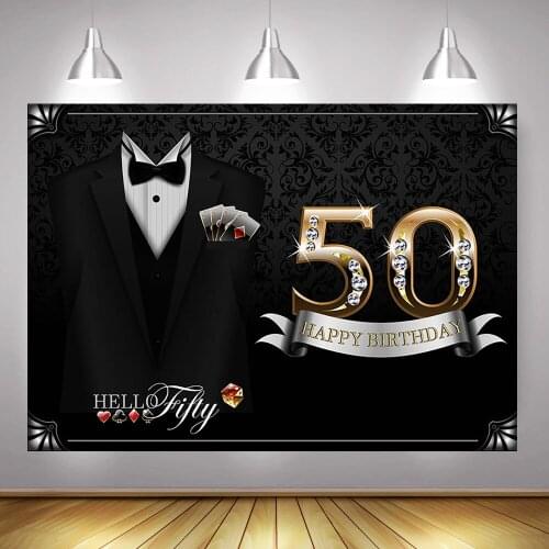 Gentleman 50th Birthday Backdrop for Party Photography Black Tuxedo Fifty Birthday Background Decoration Shiny Card Photocall