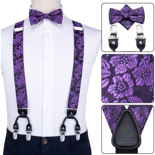 Hi-Tie Silk Adult Mens Bow Tie and suspenders Set Leather Metal 6 Clips Braces Purple Floral Elastic Wedding Suspender SET