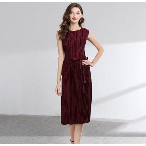HOT SELLING Cultivate ones morality show thin summer new fold belt split o-neck sleeveless dresses IN STOCK