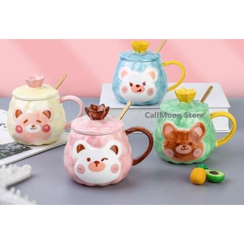 Hand-painted Coffee Cup with Lid Spoon Cute Bear Ceramic Mug Tea Cup Cartoon Coffee Mugs Milk Cups Home Office Water Cup