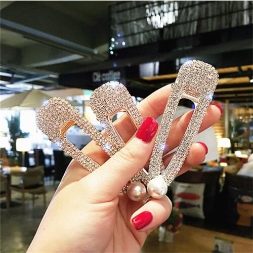 Korea Shiny Crystal Rhinestones Hairpins Geometric Waterdrop Imitiation Pearl Hair Clips Side Clip Woman Hair Accessories