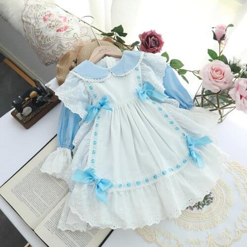 New Spanish Clothing Peter Pan CollarLong Sleeve Lace Bow Dress Sweet Cute Easter Eid Princess Dress For Girls Vestidos A91