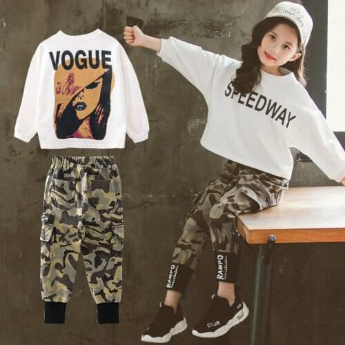 Girls Fall Outfit Set 2020 Autumn New Fashion Long-sleeved T-shirt + Camouflage Pants Girls Clothes 10 12 Years Teenage Clothing