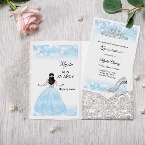 50pcs Silver Laser Cut Floral Invitation Cards for Wedding / Party / Quinceanera / Anniversary / Birthday, CW0008