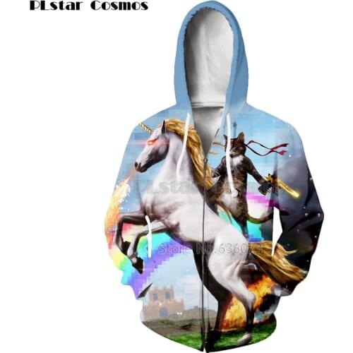 PLstar Cosmos Drop shipping 2018 new Fashion Zipper Hoodie Funny Cat riding a unicorn Print 3d Animal hoodies Mens/Womens Hoody