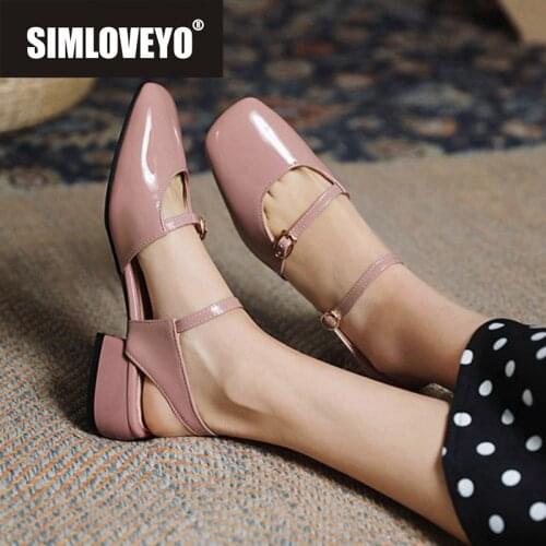 SIMLOVEYO New 2021 Women Sandals Square Toe 3cm Block Heels Patent Leather Buckle Classic Vintage Big Size 34-43 Casual A3895